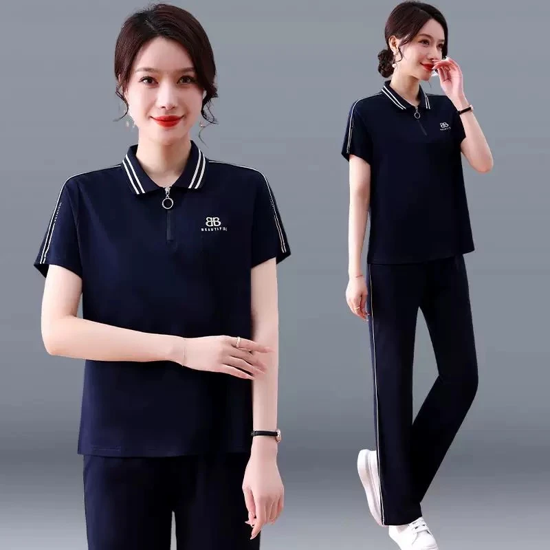 罗马棉休闲时尚翻领运动套装女夏季2025年半拉链短袖两件套7008