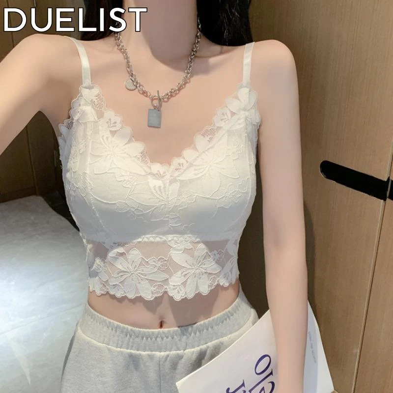 DUELIST白色蕾丝吊带背心女性感内搭短款美背带胸垫裹胸抹胸上衣