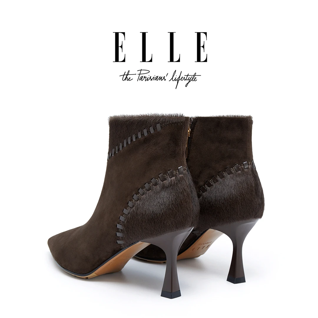 ELLE小香风短靴2025新款高跟拼接真皮马毛复古尖头短筒欧美女靴子