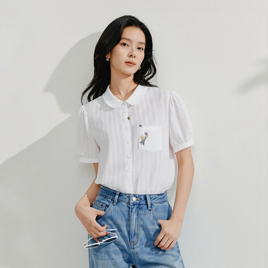 【一秒入夏】茵曼夏季纯棉文艺绣花娃娃领白衬衫百搭泡泡袖短袖衬衣