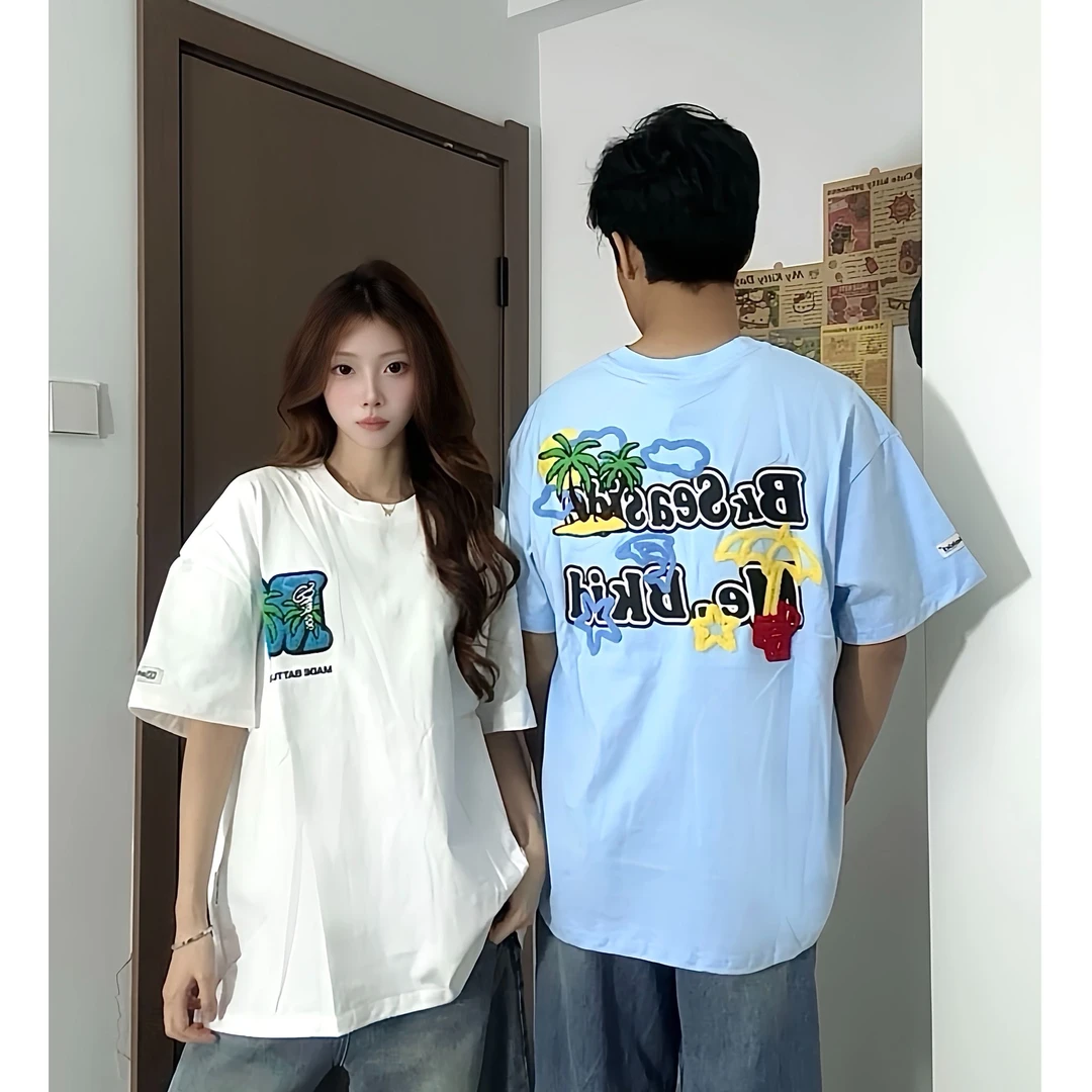 2025新款美式复古字母椰树刺绣短袖T恤男女宽松纯棉重磅创意夏季