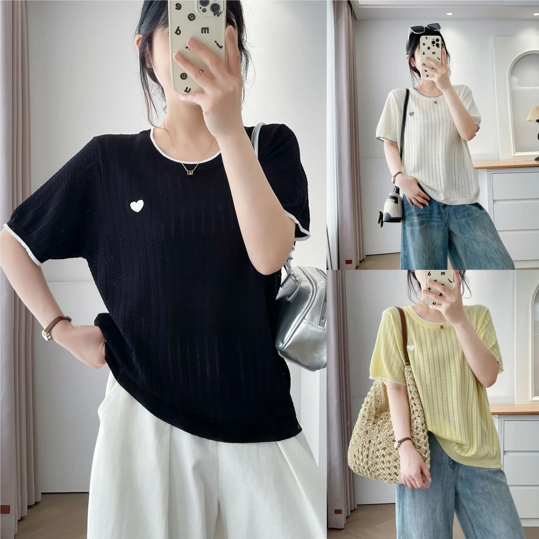 微胖大码夏季冰丝短袖针织衫胖mm设计感爱心刺绣撞色圆领大码t恤
