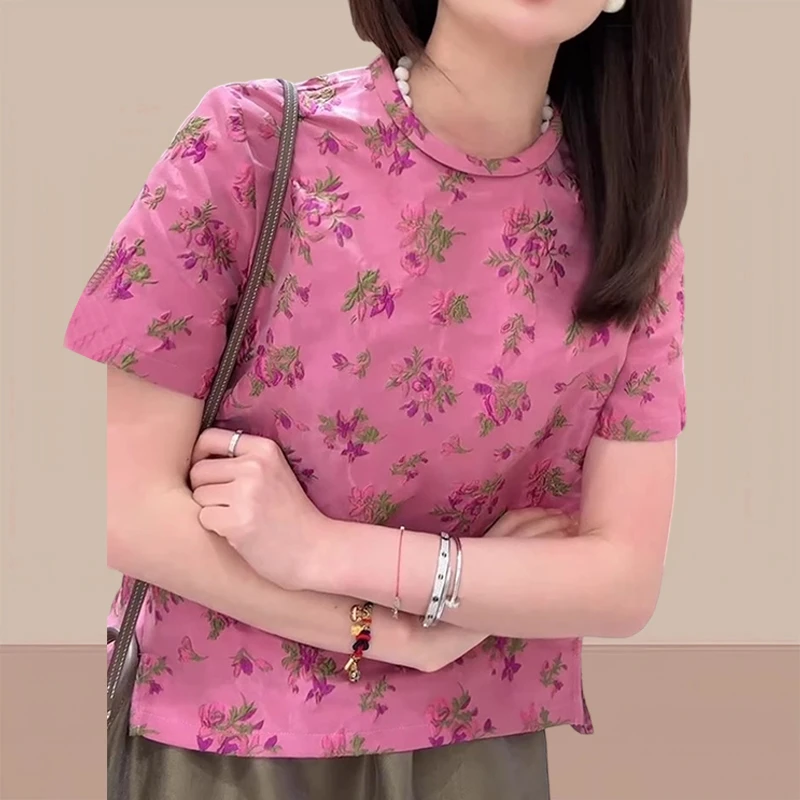 2025早春新中式花朵印花短袖t恤女新款时尚夏季减龄温柔知性衣服