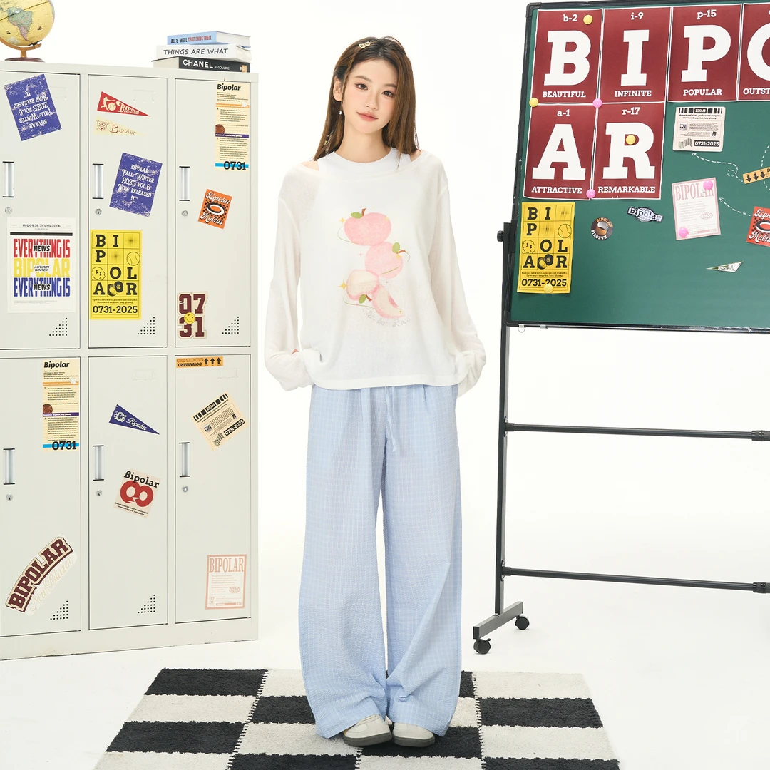BIPOLAR女款水蜜桃长袖直筒宽松薄款时尚T恤罩衫  11L135