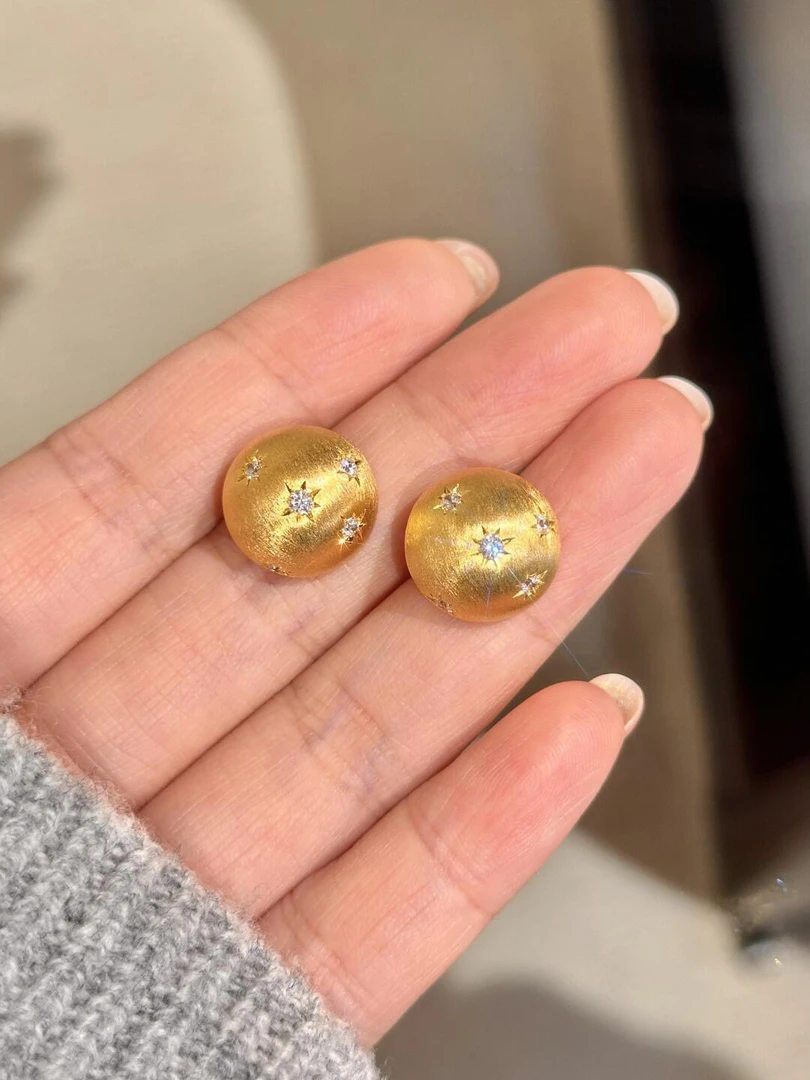 925银800银耳饰 <丝绒满天星>超显贵气拉丝星芒鎏金丝绸圆形耳钉