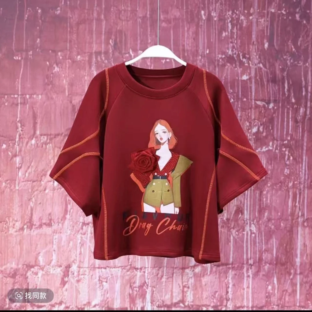 2025夏《蔷薇》轻薄透气安可拉红印花时尚休闲T恤7977