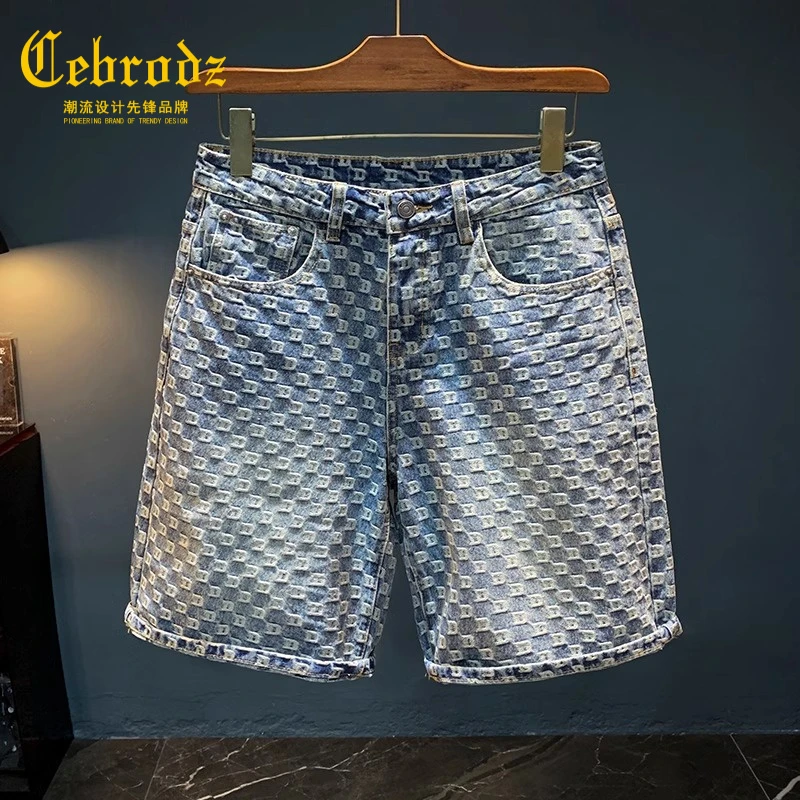 法国Cebrodz立体感提花牛仔短裤男夏季薄款宽松做旧纹理直筒中裤