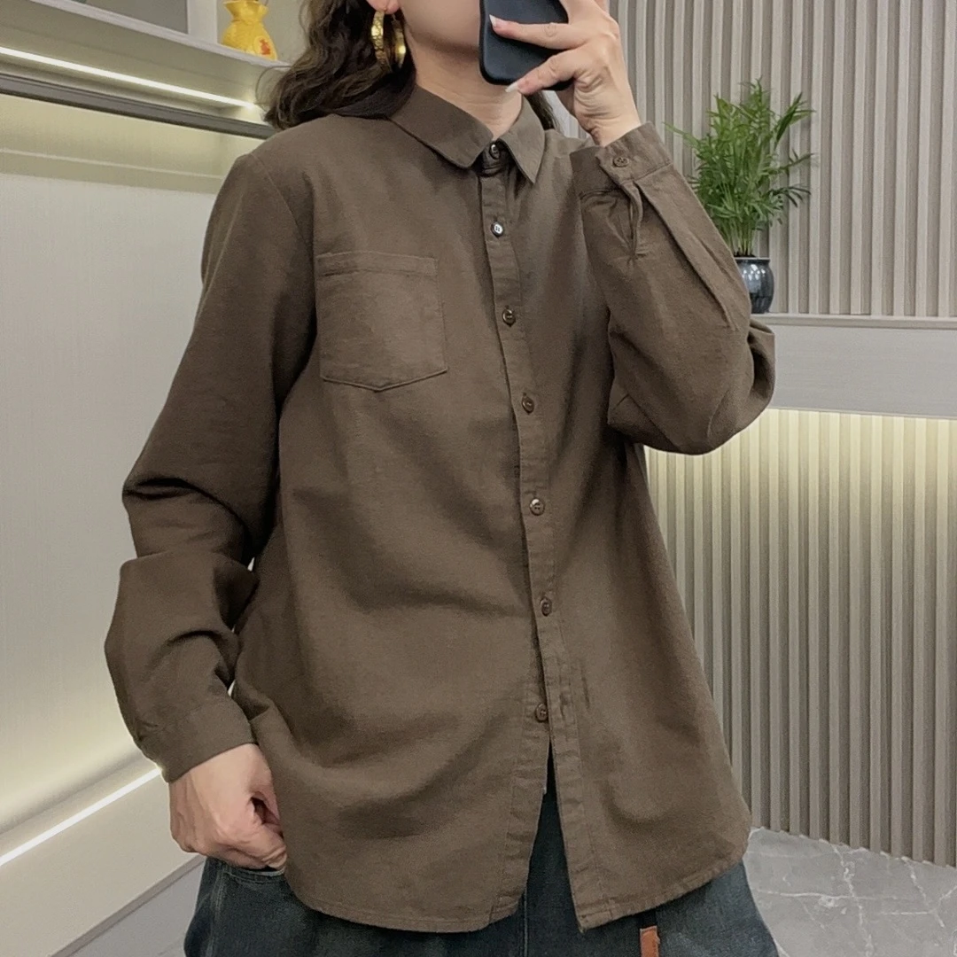 新款春秋季磨毛衬衫女复古洋气显瘦纯色韩版休闲百搭衬衣8832