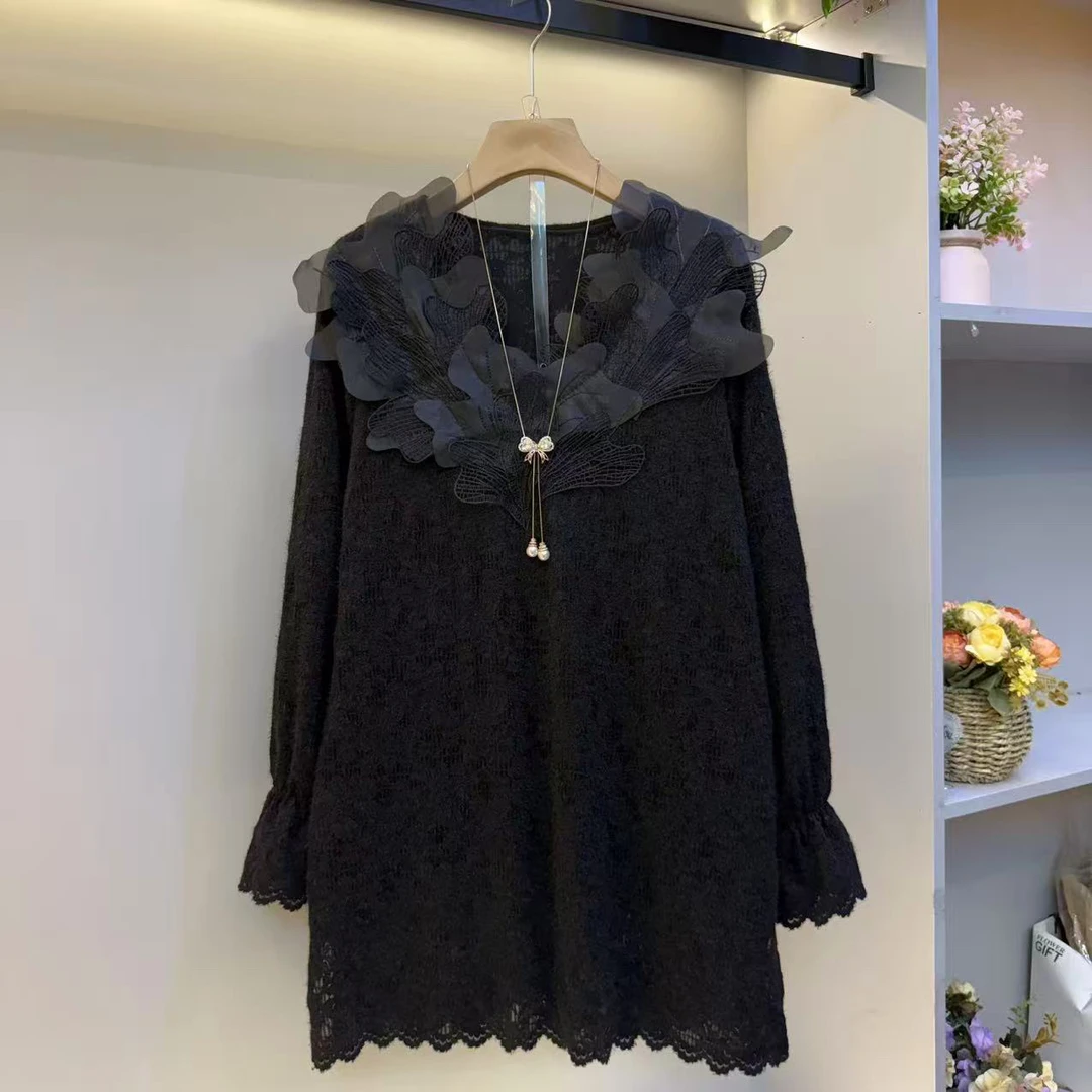 法式荷叶边V领蕾丝打底衫女长袖遮肚显瘦百搭洋气中长款上衣