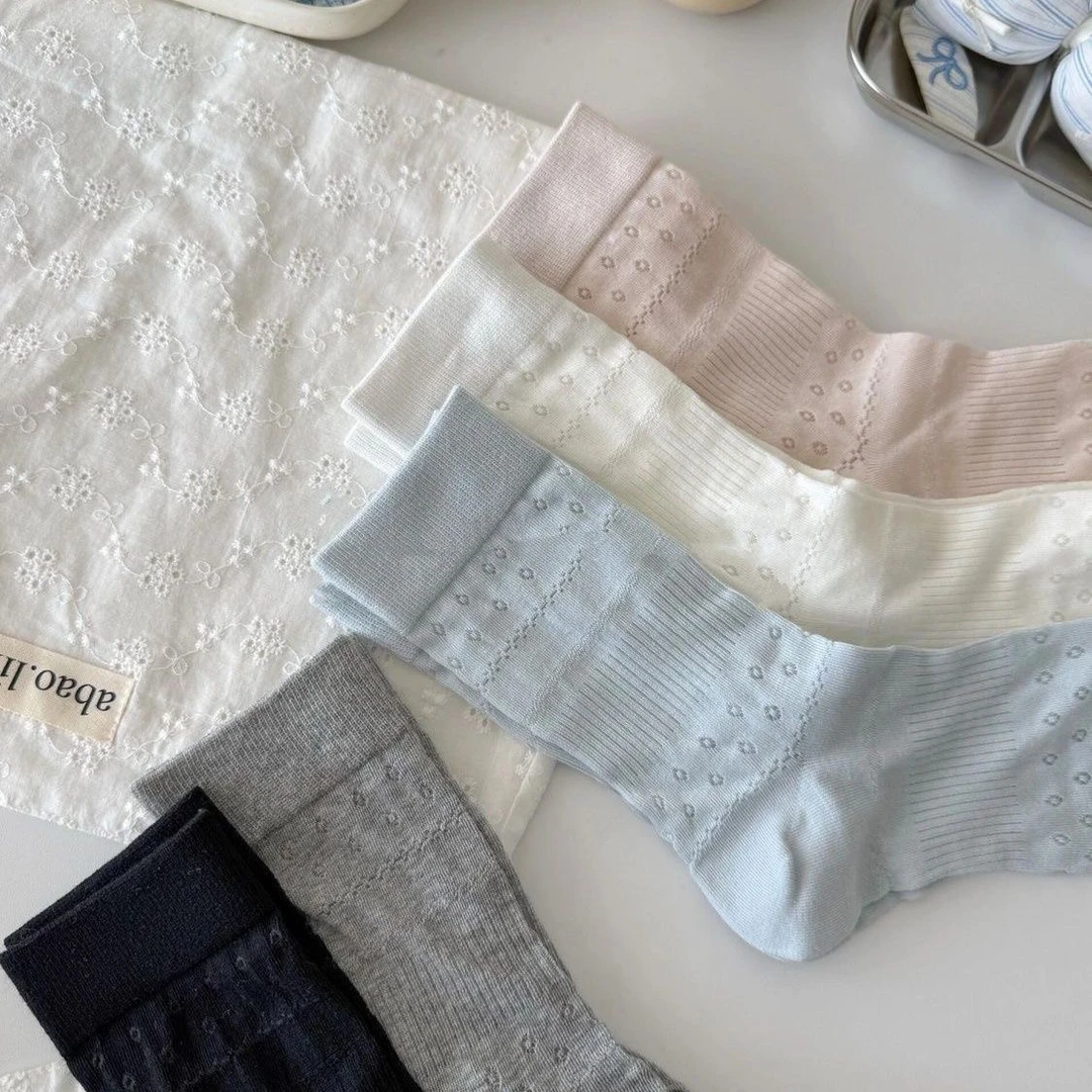 镂空日式少女风夏季极简风中筒袜纯色春季森系薄款透气