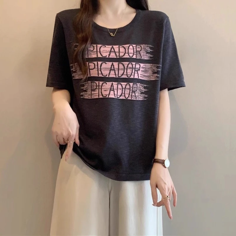 大码印花字母正肩短袖t恤女夏季大码胖mm宽松遮肚子显瘦针织上衣