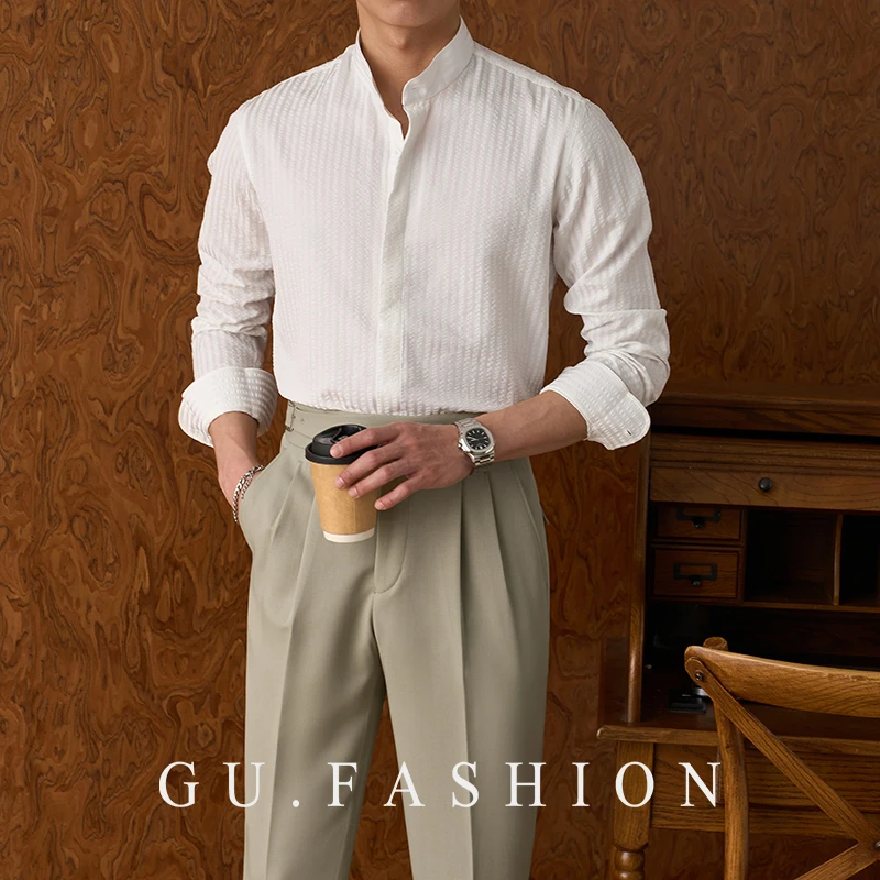 GU FASHION新中式肌理感泡泡纱条纹衬衫透气商务休闲男士长袖衬衣