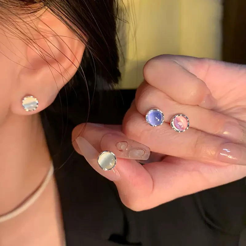 合金耳饰 女日韩森系猫眼蓝色拼色耳钉耳饰闪钻小众简约耳饰甜美