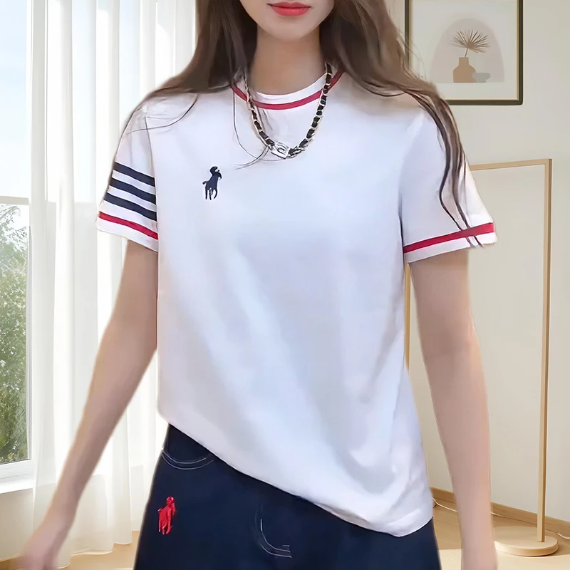 纯棉2025夏新款圆领正肩百搭上衣小马刺绣条纹百搭短袖洋气衣服女