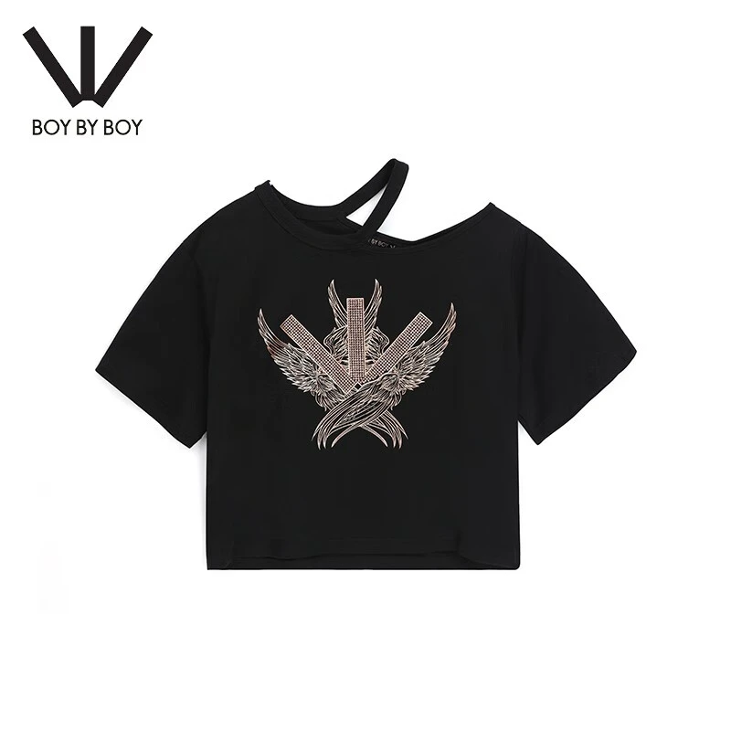 BOY BY BOY夏潮牌女款针织短袖T恤宽松仿烫金镂空露肩W01018