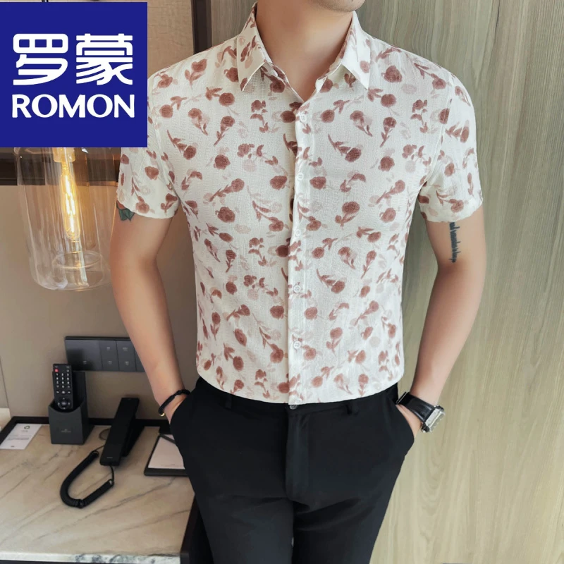 罗蒙短袖花衬衫男士韩版修身潮牌薄款痞帅高级感个性休闲冰丝衬衣
