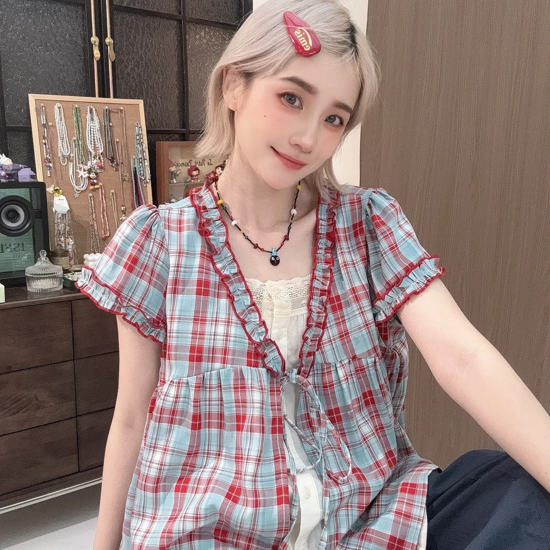 Apr.【胭脂蓝】夏季格纹假两件拼接蕾丝时尚宽松百搭T恤女25ST447