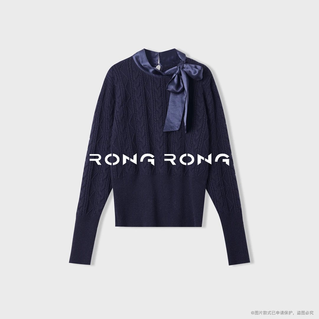 溶溶【墨山蓝渡】RONGRONG 绵羊毛混纺醋酸飘带优雅羊毛衫2505H606