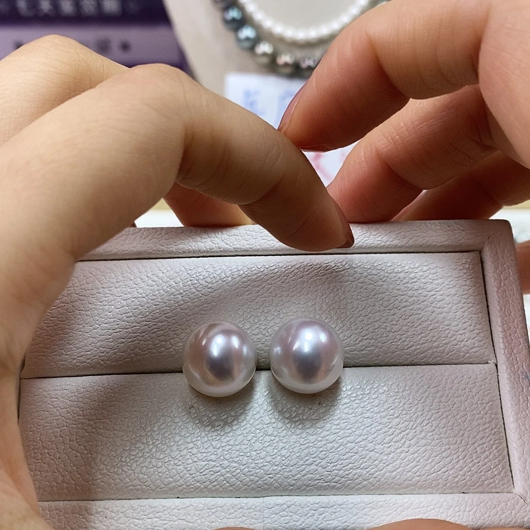 海水珍珠18K金镶嵌耳饰12.9m冷光澳白耳钉（维纳斯品质）