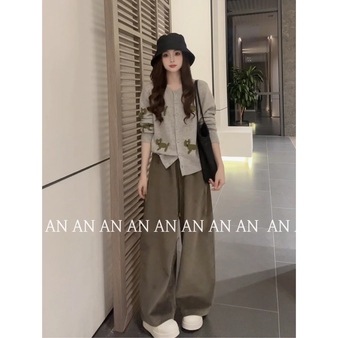 C10158时尚松弛感洋气宽松垂感松紧腰口袋灯芯绒阔腿休闲裤