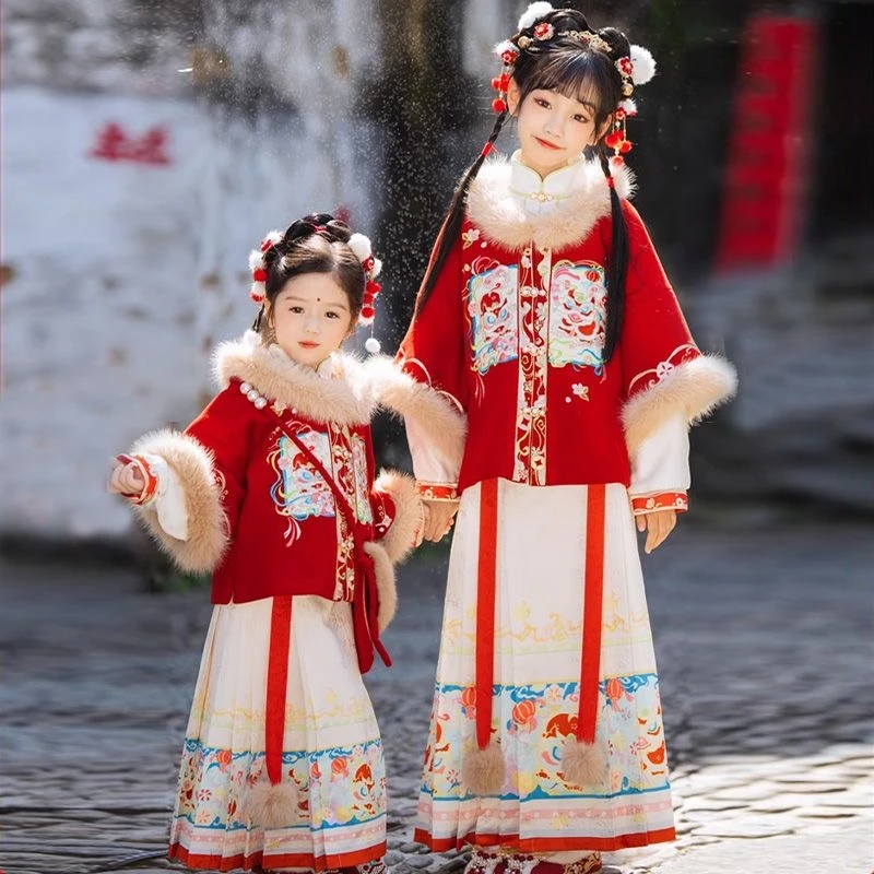 冬季女童汉服唐装拜年加绒儿童古装新年加厚宝宝过年拜年服套装新