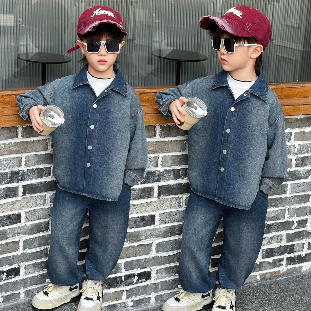 男童牛仔外套裤子套装时髦春秋小男孩酷帅洋气衣服韩版潮流两件潮