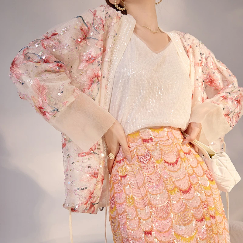 新款新中式国风繁花钉珠亮片花朵刺绣重工轻奢气质 M4100