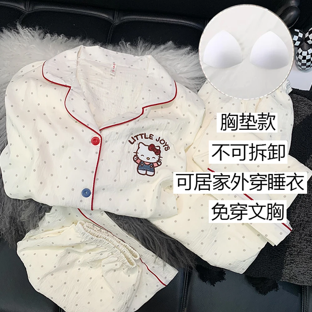 【固定胸垫-牛仔猫咪】夏季带胸垫短袖三件套点点KT猫睡衣女家居服