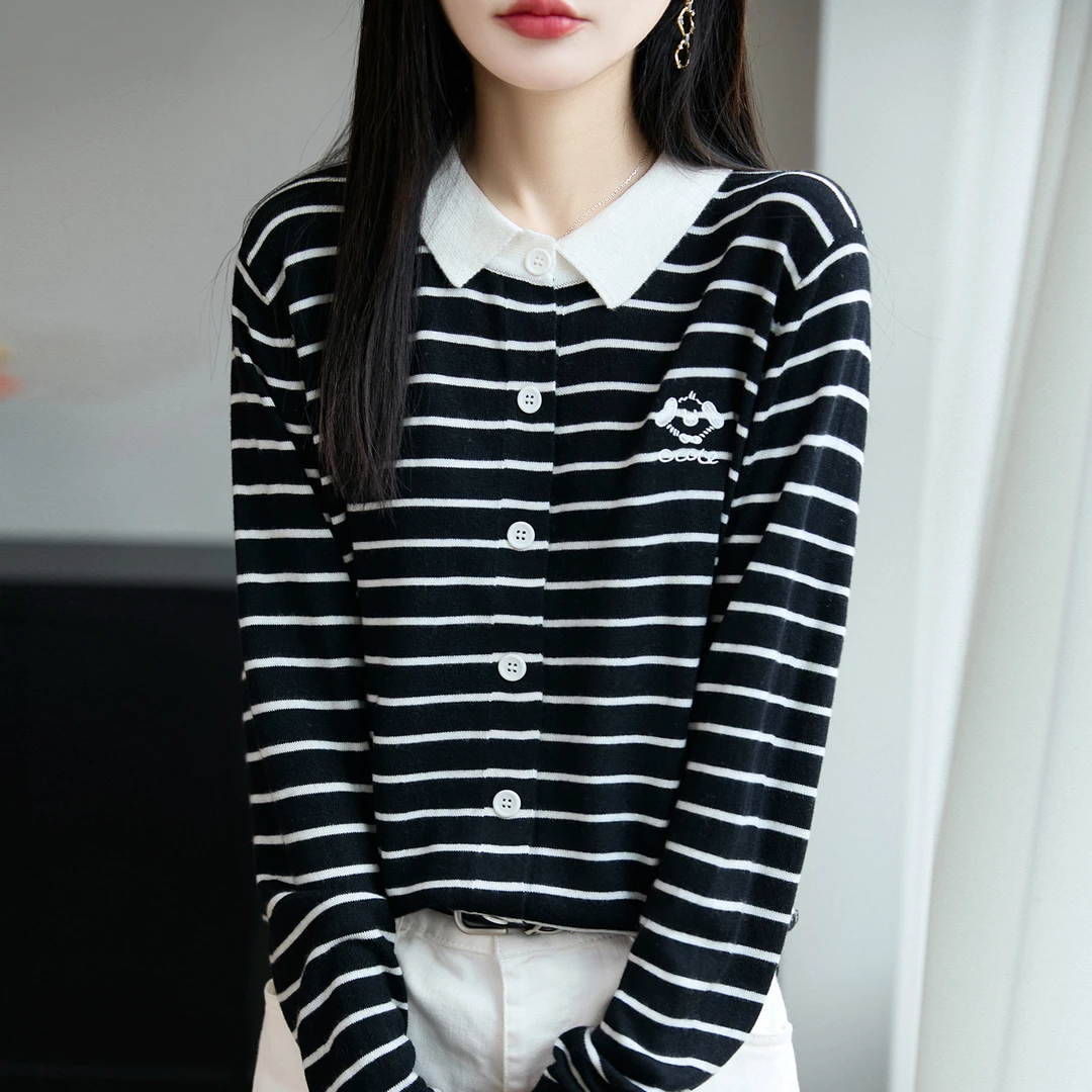 胖mm春秋大码娃娃领女士毛衣遮肚子显瘦条纹上衣内搭针织打底开衫