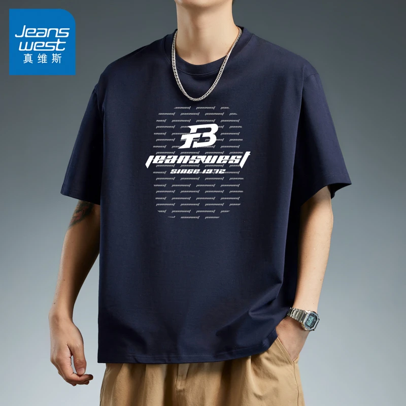 Jeanswest/真维斯2025夏季潮牌印花T恤男圆领宽松休闲百搭半袖男