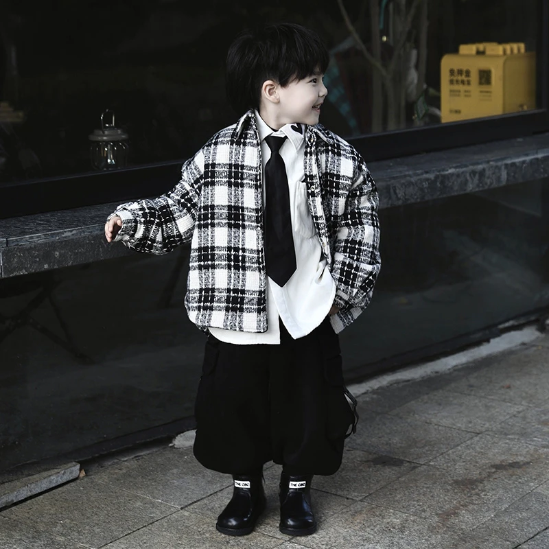 Jimmy妈童品 小香风 冬季新款儿童黑白格子衬衫领夹棉外套小棉服