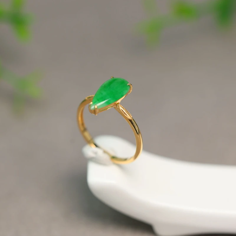 #H930 18K金镶嵌冰种满绿天然A货翡翠水滴形戒指时尚女戒