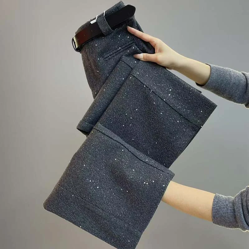 亮片星空毛呢阔腿裤女欧货高腰加厚显瘦休闲西裤高级感长裤