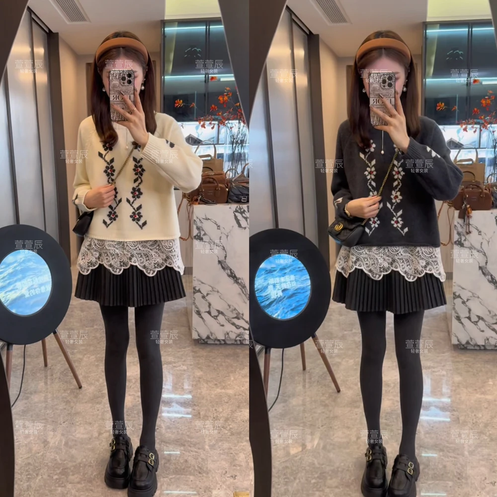 【童话镇】韩版小香风针织毛衣+蕾丝打底两件套时尚洋气套装#3765