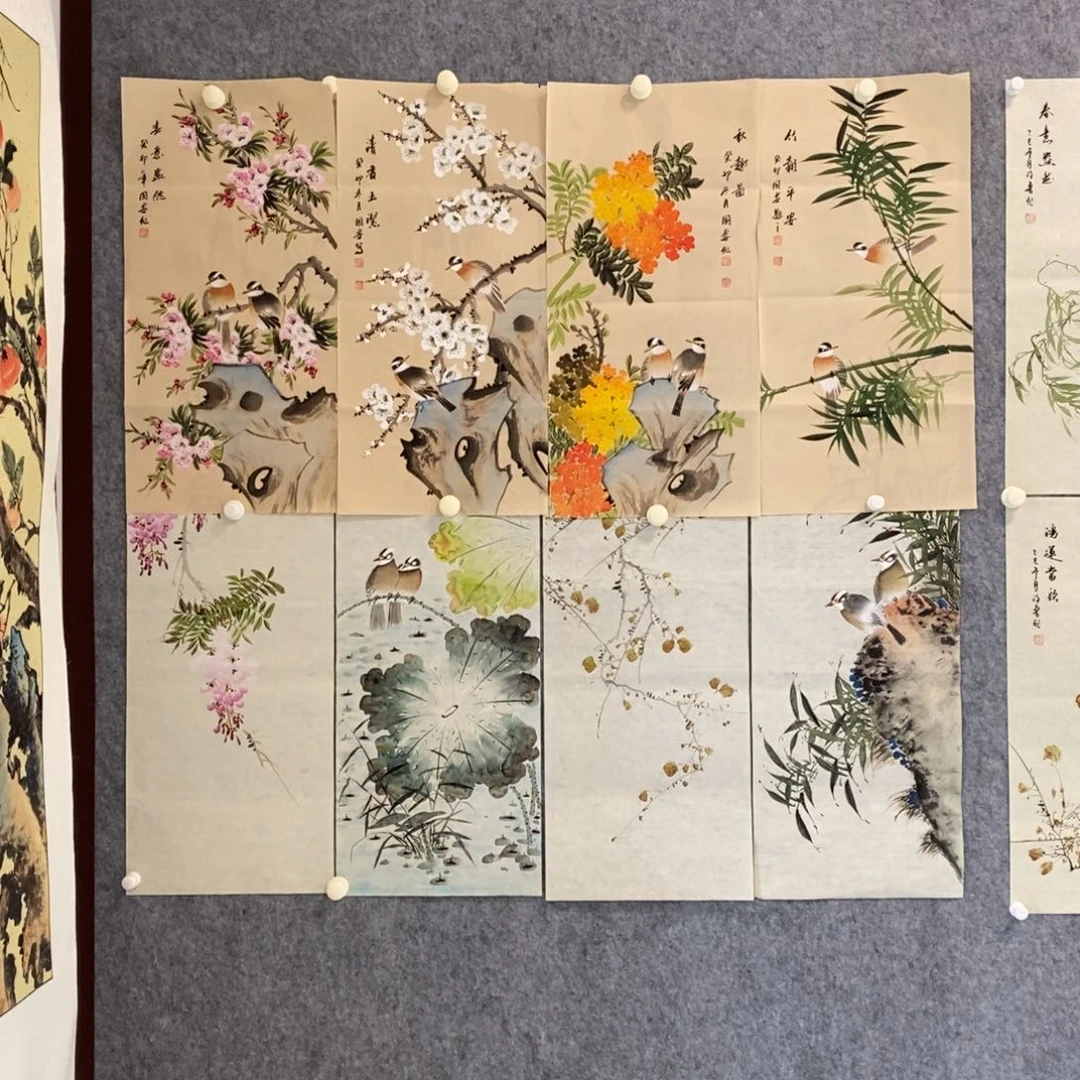 铧***国画四条屏花鸟作品