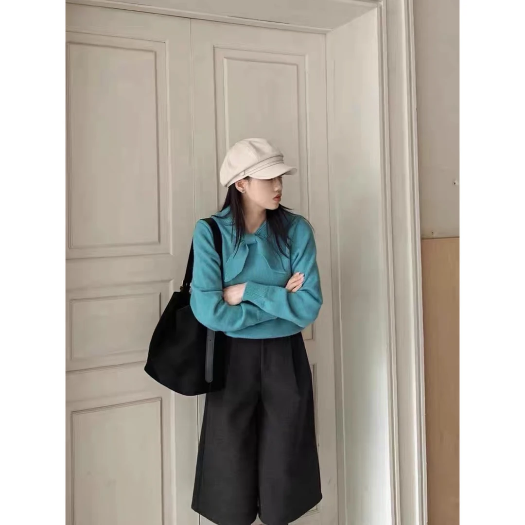 CSF-9960【花花私服❌退❌换】韩系小香风蝴蝶结交叉领减龄洋气毛衣