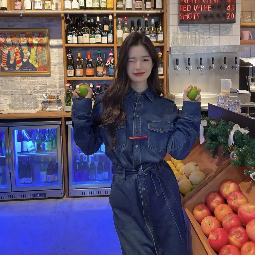 GIRDEAR/哥弟秋冬新款修身气质蓝色收腰翻领牛仔裙女1500556