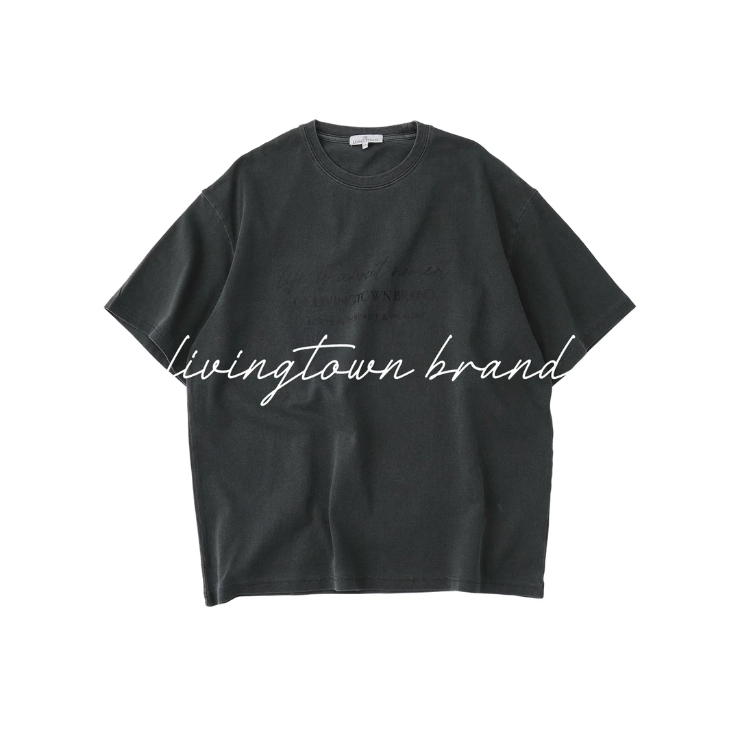 LIVINGTOWN中古感水洗做旧纯棉复古字母印花休闲宽松圆领短袖T恤