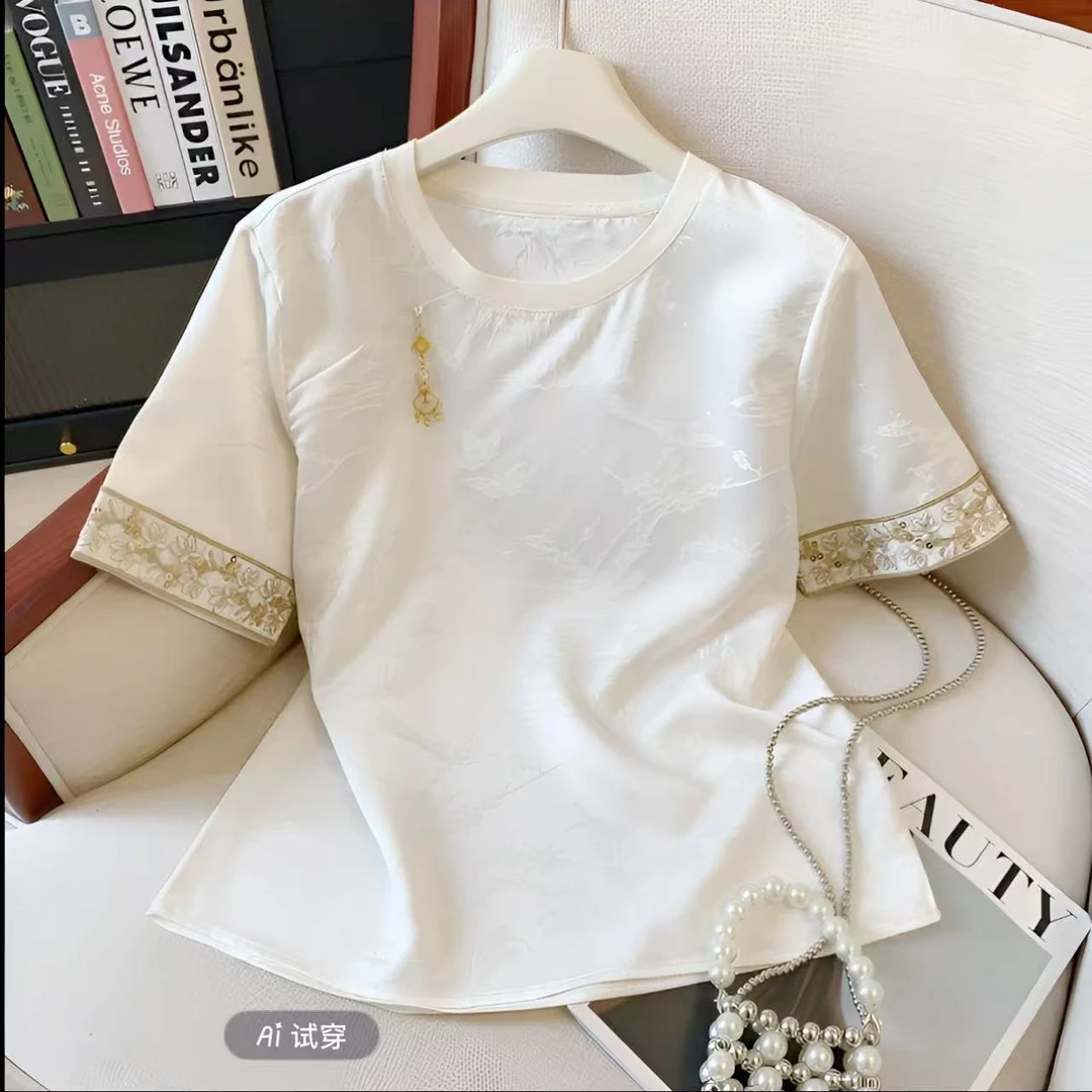 2169国潮中式复古提花山水画刺绣圆领流苏小衫休闲中国风时尚T恤