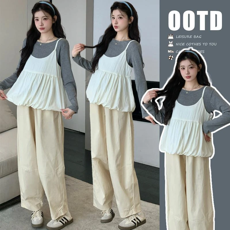 孕妇装秋装2025秋季外穿新款韩系上衣+花苞吊带+阔腿裤子三件套装
