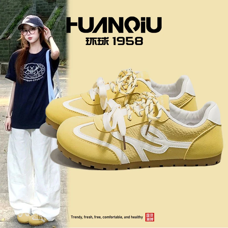 环球爆款奶黄流光风徳训鞋女2025秋ins百搭日系超软休闲校园板鞋
