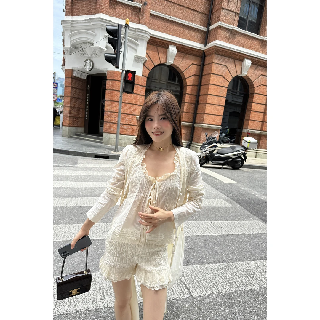 JINGDL【别有韵味】100%棉法式拼接蕾丝边背心&短裤&外搭三件套装