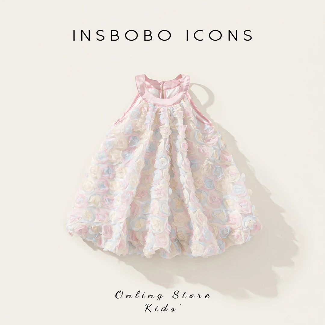INSbobo女童挂脖裙子甜美可爱渐变盘带玫瑰装饰无袖花苞裙XQ25320