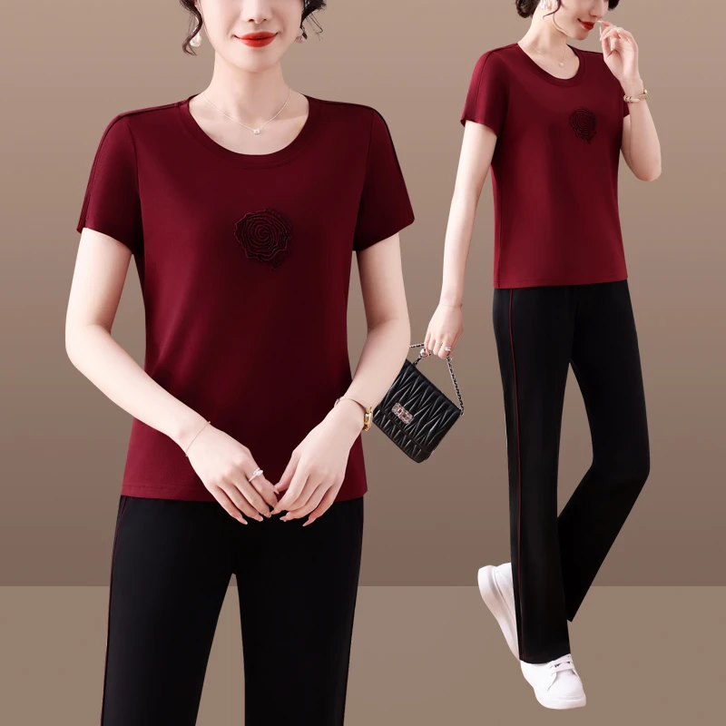 2025夏季大码洋气气质长裤中年时尚显瘦休闲运动套装夏天宽松夏季