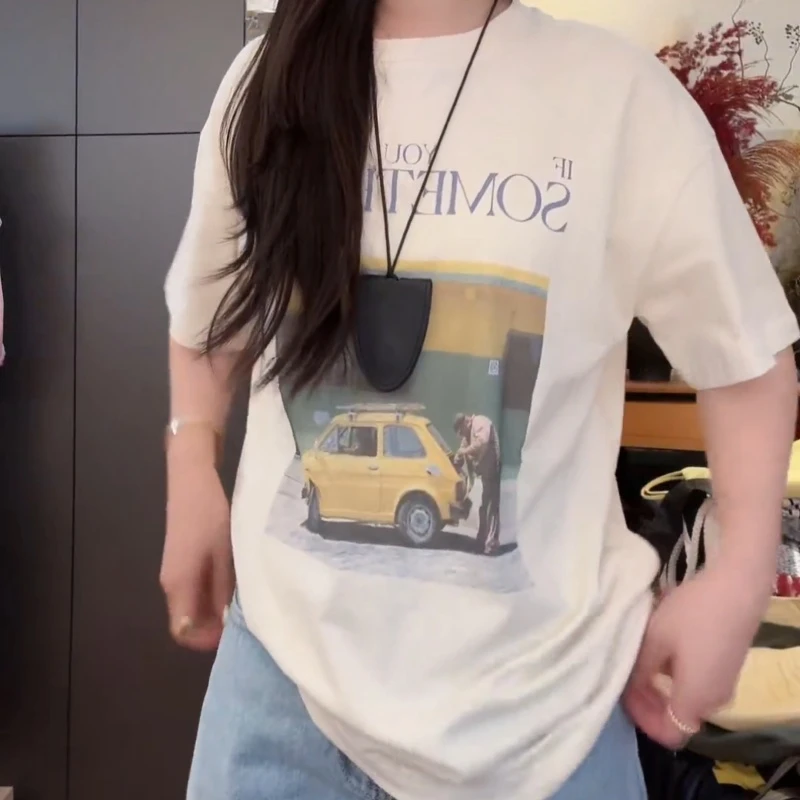 【汽车T】杏色汽车字母印花夏季圆领短袖百搭T恤女装LK2505406