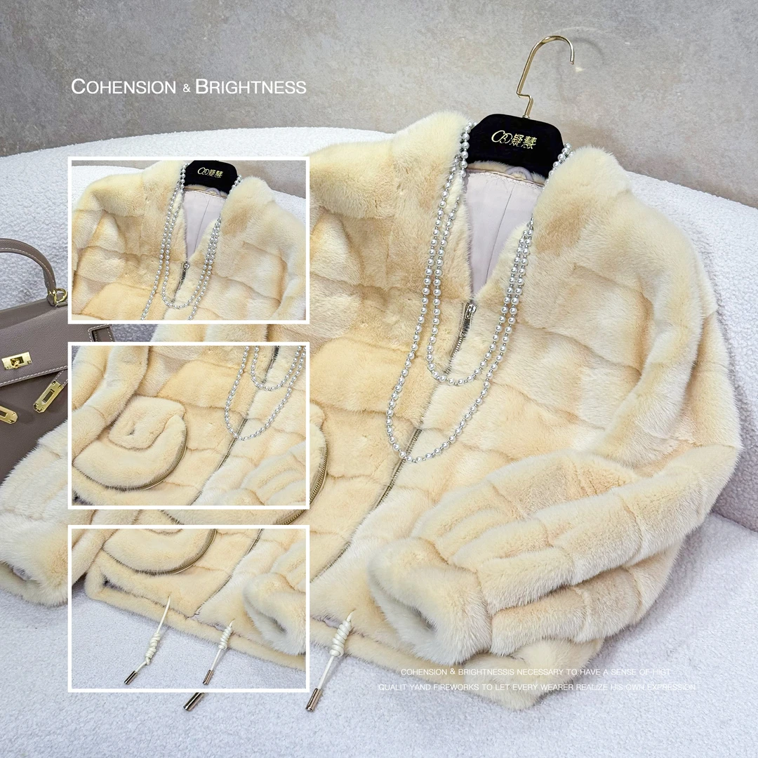 凝慧【糯米布丁】进口水貂设计款拉链口袋V领横纹短款毛毛外套YA165