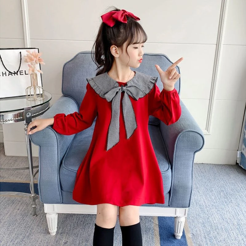 女童中大童长袖红色连衣裙时髦洋气拼接撞色蝴蝶结翻领儿童公主裙