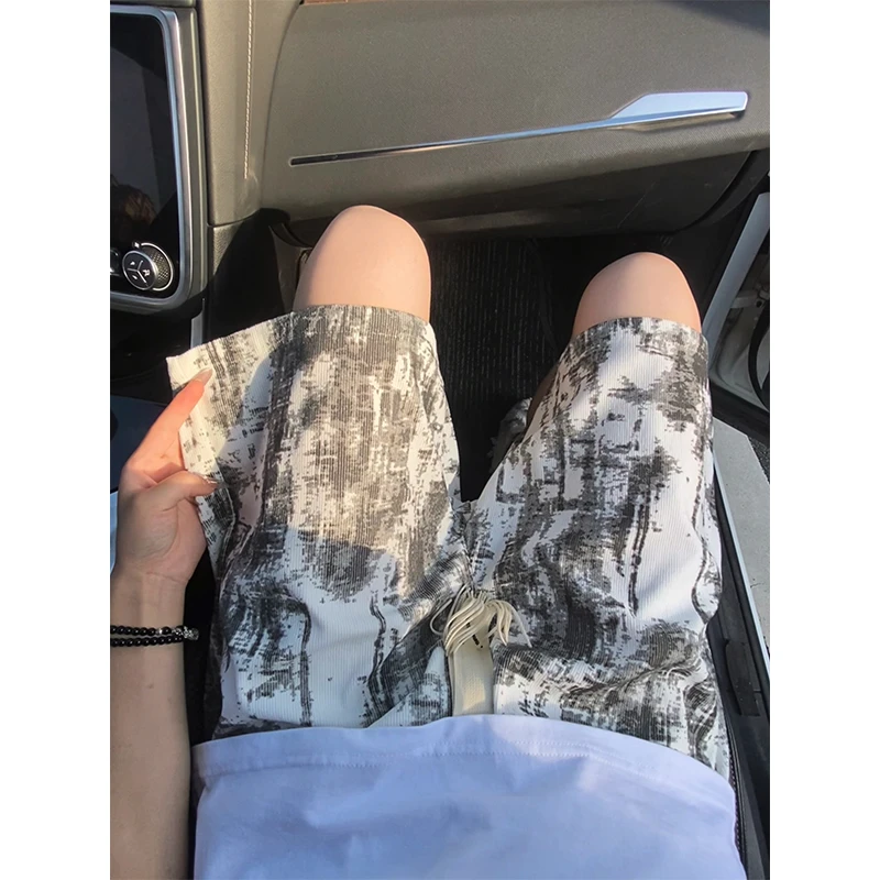 水墨扎染短裤男女夏季美式复古痞帅高级感裤子宽松休闲抽绳五分裤