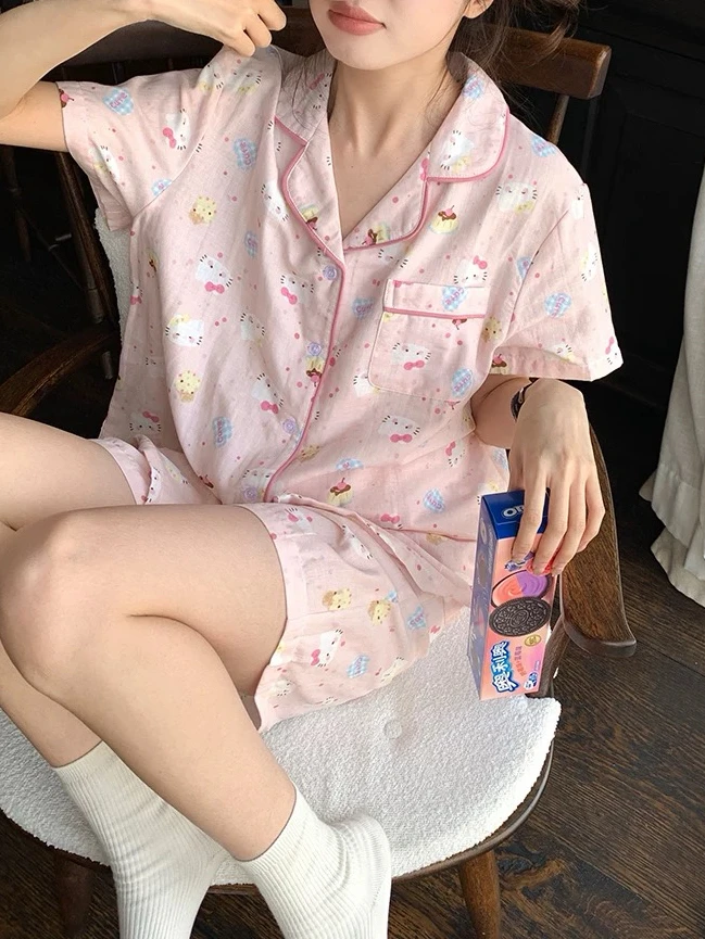 2025新款韩版睡衣女夏甜美凯蒂猫短袖开衫短裤套装大码学生家居服