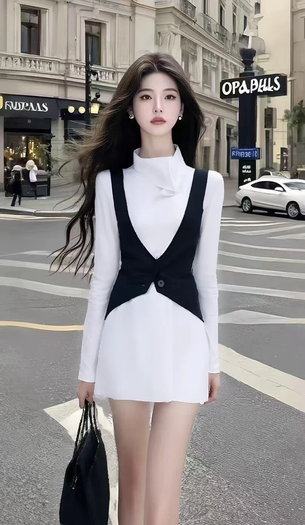 轻奢优雅高端大气白色长袖不规则领修身拼接设计连衣裙氛围感裙子